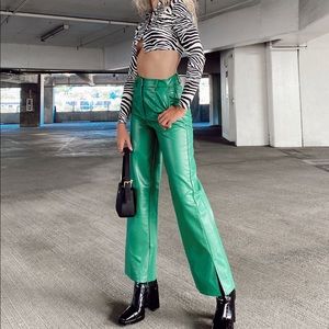 Green leather pants